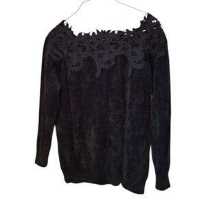 Furry Lace Collar Black Sweater Ladies XL Dark Fairycore Artsy Lace Oversized